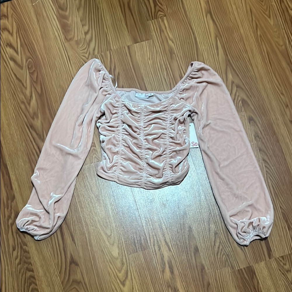 Pink velour cropped peasant style top size small